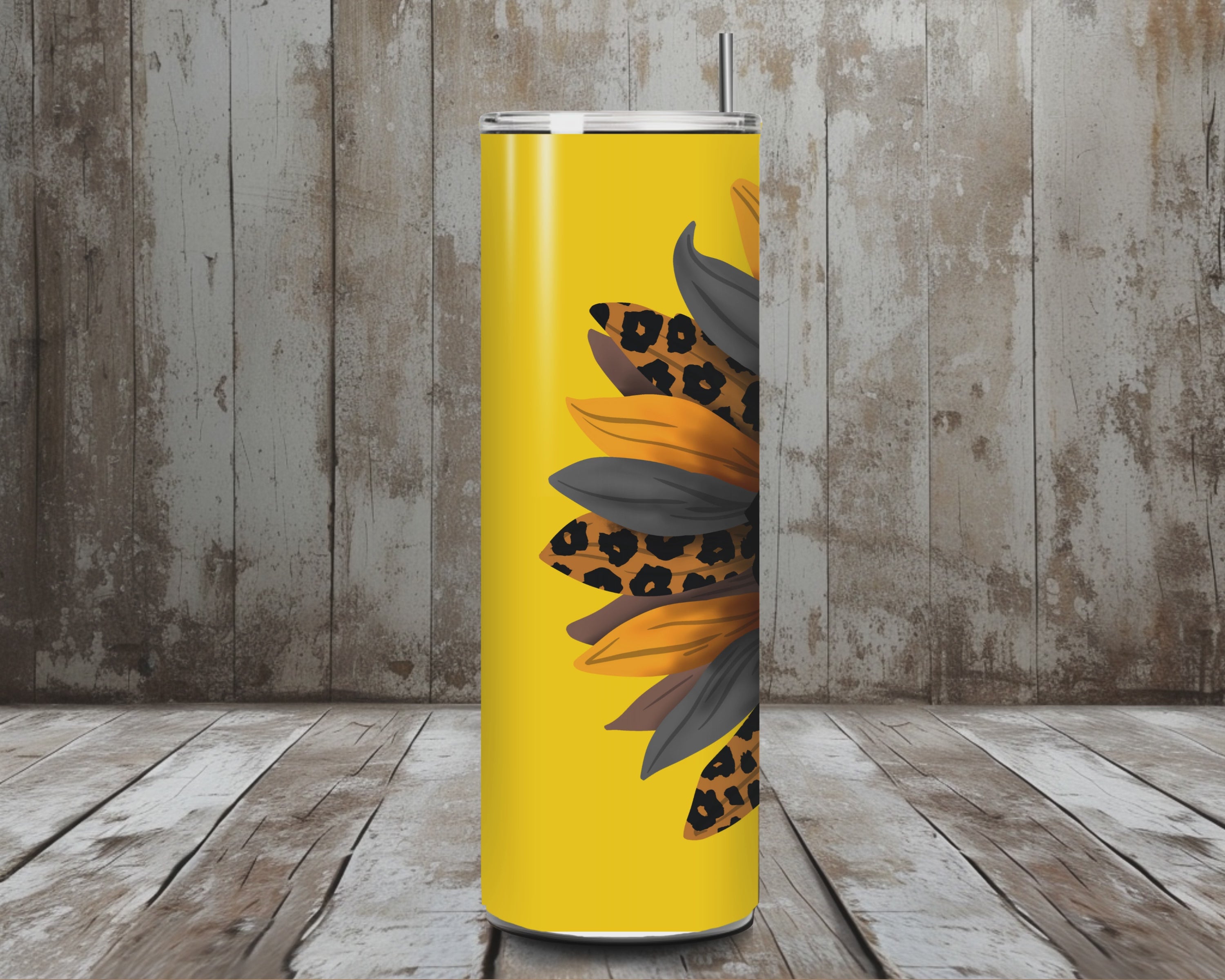 20 oz Leopard Sunflower Stainless Steel Tumbler – Bold Yellow Background (Lid + Straw)