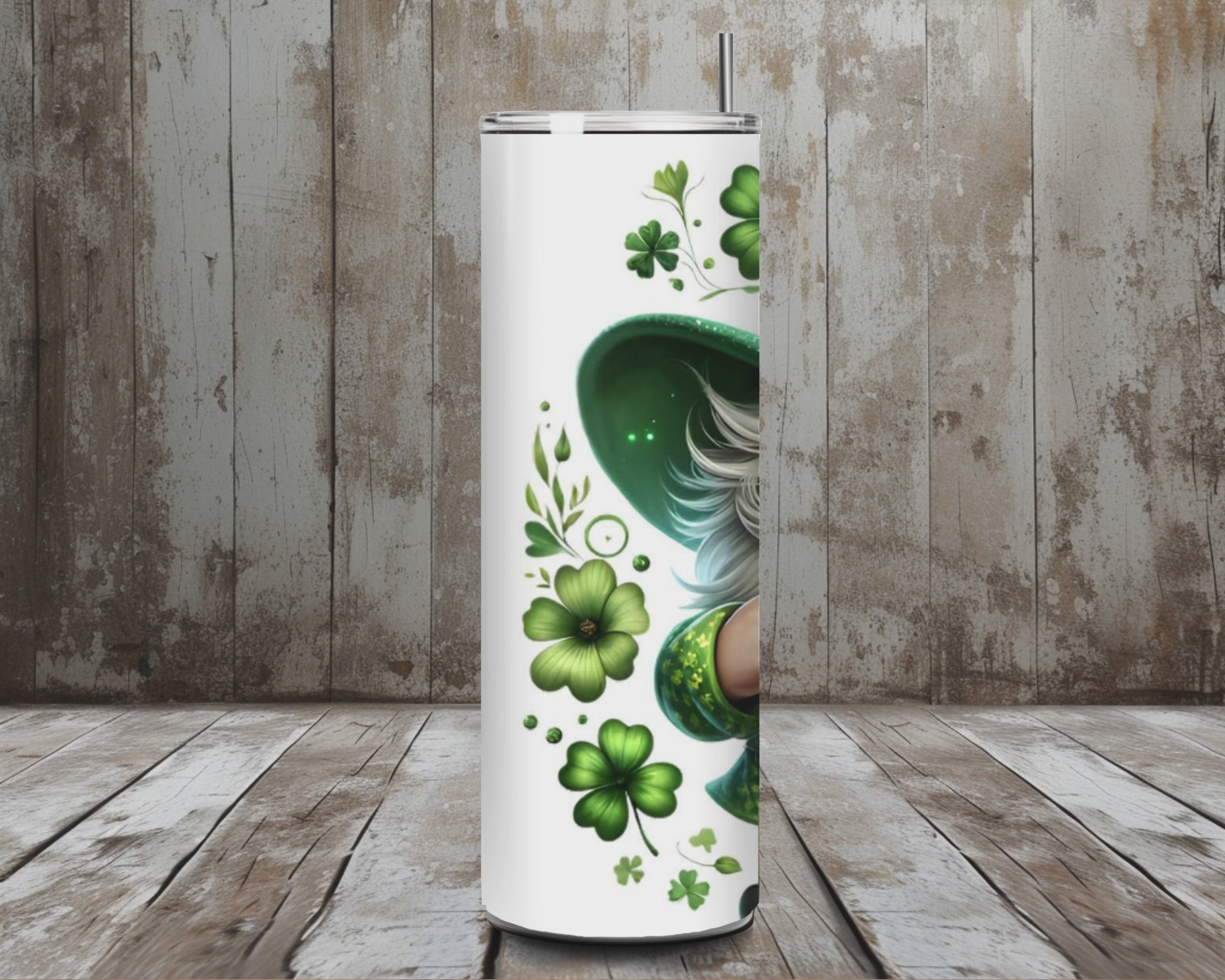 20 oz Leprechaun Gnome Beer St. Patrick’s Day Tumbler – Green Clover Hat Irish Lucky Cup – Lid + Stainless Steel Straw