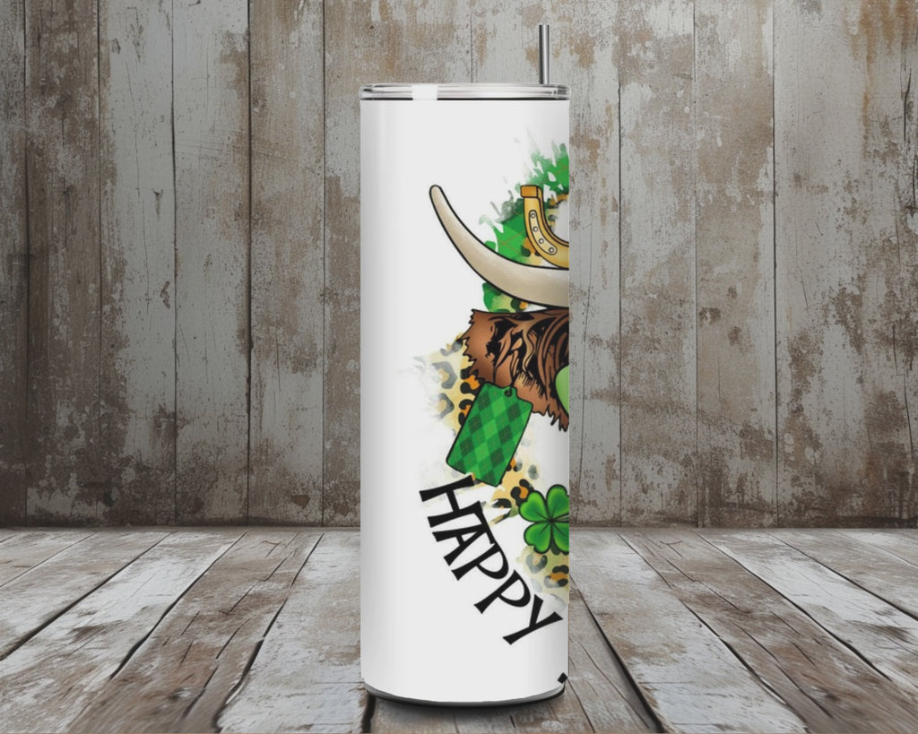 20 oz Happy St. Patrick’s Day Highland Cow Tumbler – Green Hat + Shamrocks (Lid + Straw)