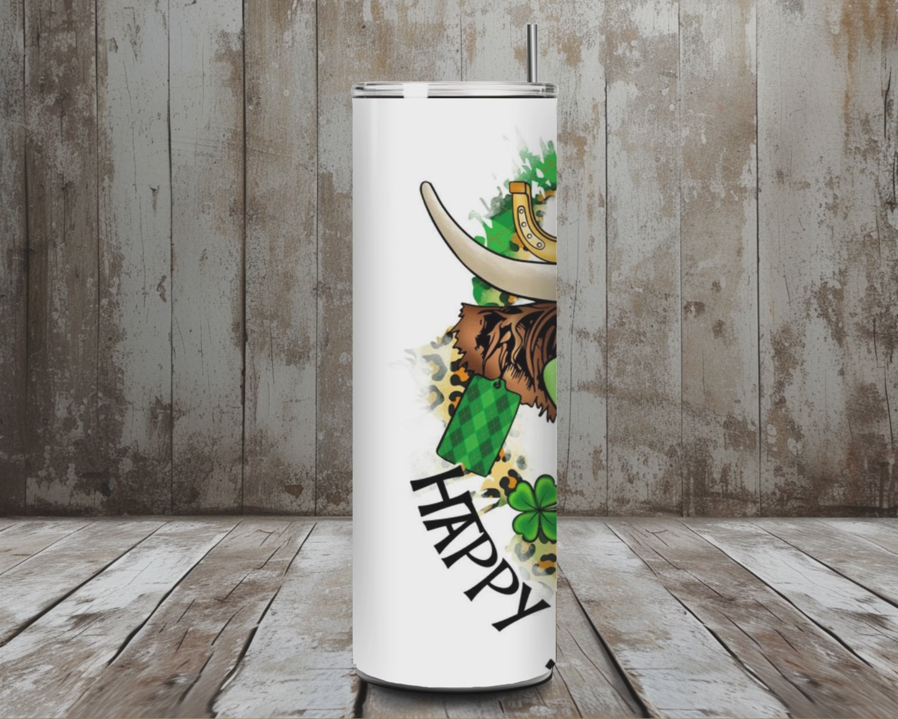 20 oz Happy St. Patrick’s Day Highland Cow Tumbler – Green Hat + Shamrocks (Lid + Straw)