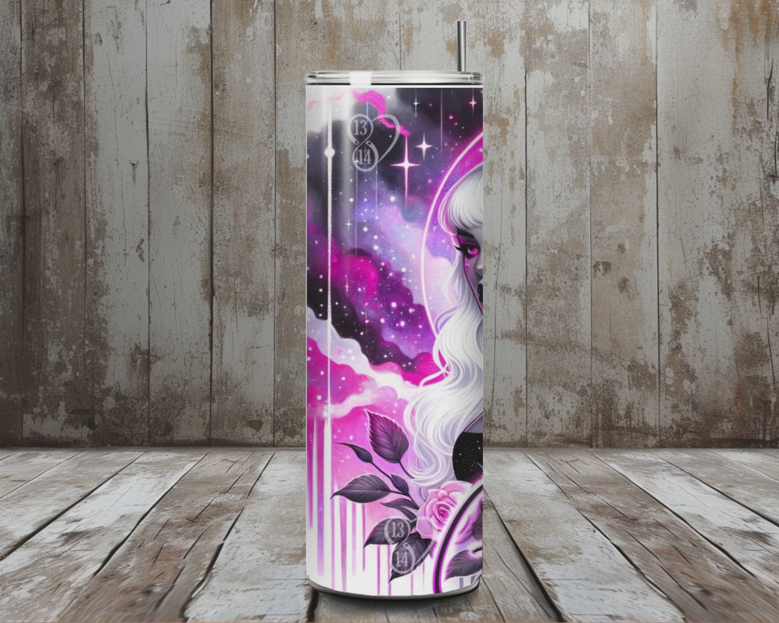 20 oz Gemini Twins Stainless Steel Tumbler – Neon Zodiac Goddess Art (Lid + Straw)