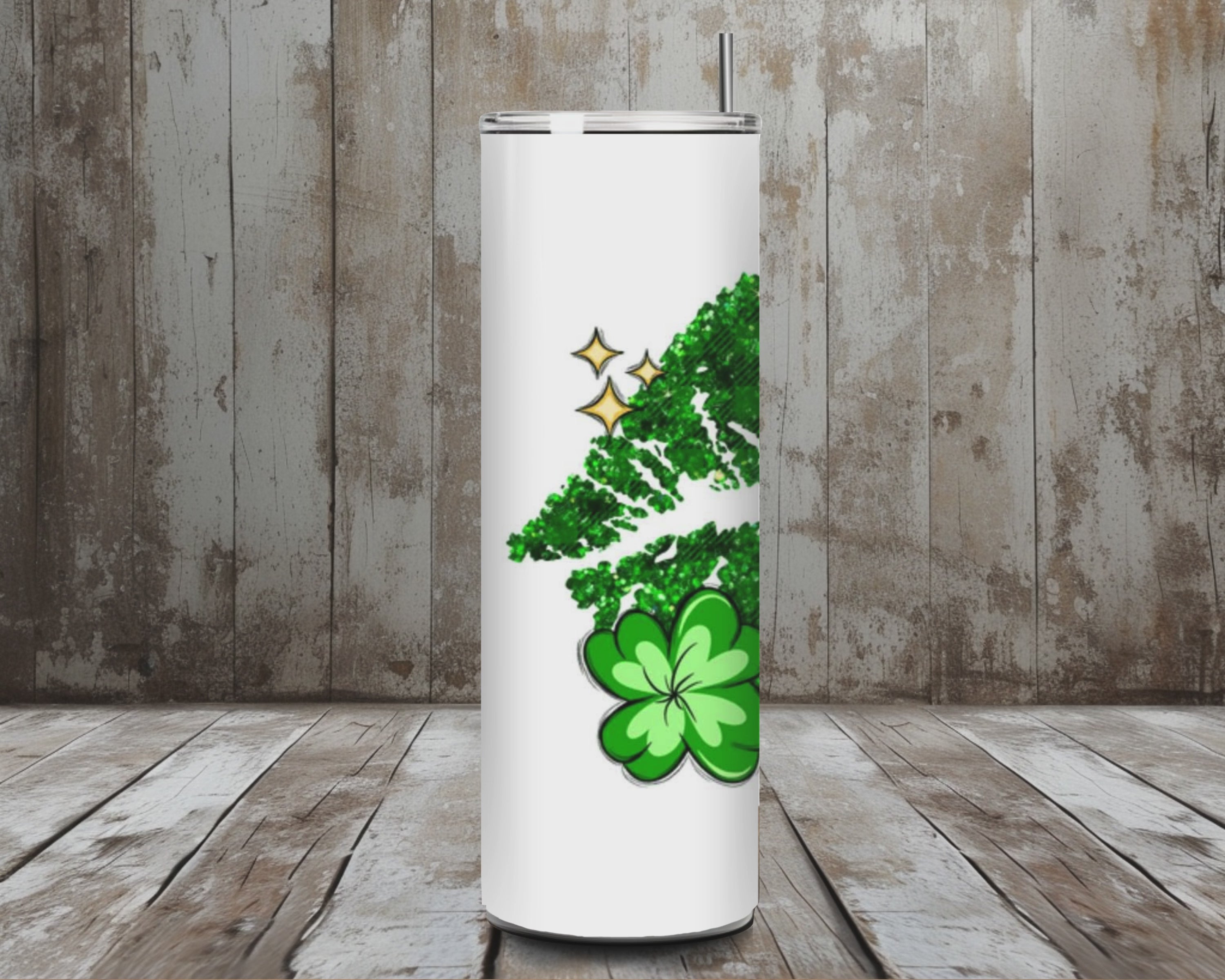 20 oz Lucky Green Plaid Shamrock Kiss Print St. Patrick’s Day Tumbler – Glitter Lips (Lid + Straw)