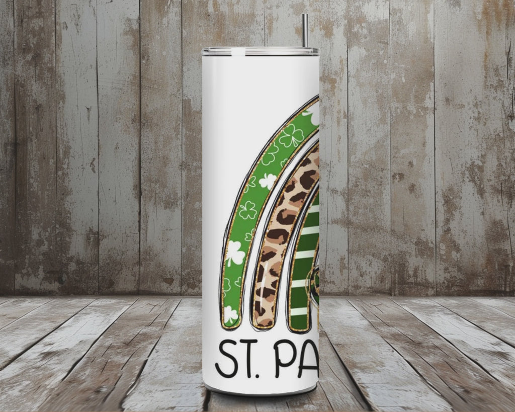 20 oz St. Patrick’s Day Rainbow Hearts Tumbler (Leopard + Green Stripe) – Lid + Stainless Steel Straw