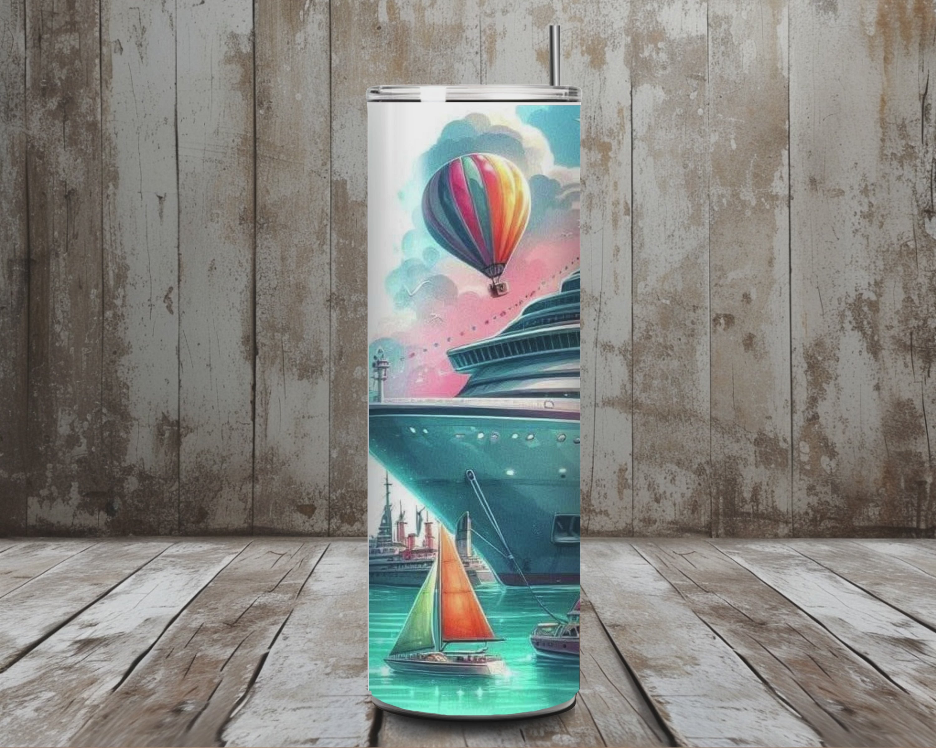 20 oz Cruise Life Stainless Steel Tumbler – Tropical Harbor Travel Scene (Lid + Straw)