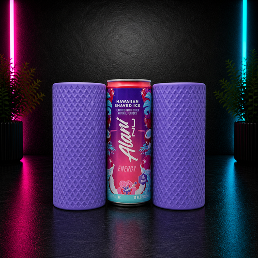 Purple textured slim can holder with Hawaiian Shaved Ice energy drink can displayed on a dark neon pink and blue background by Chaotic Glow Studio.