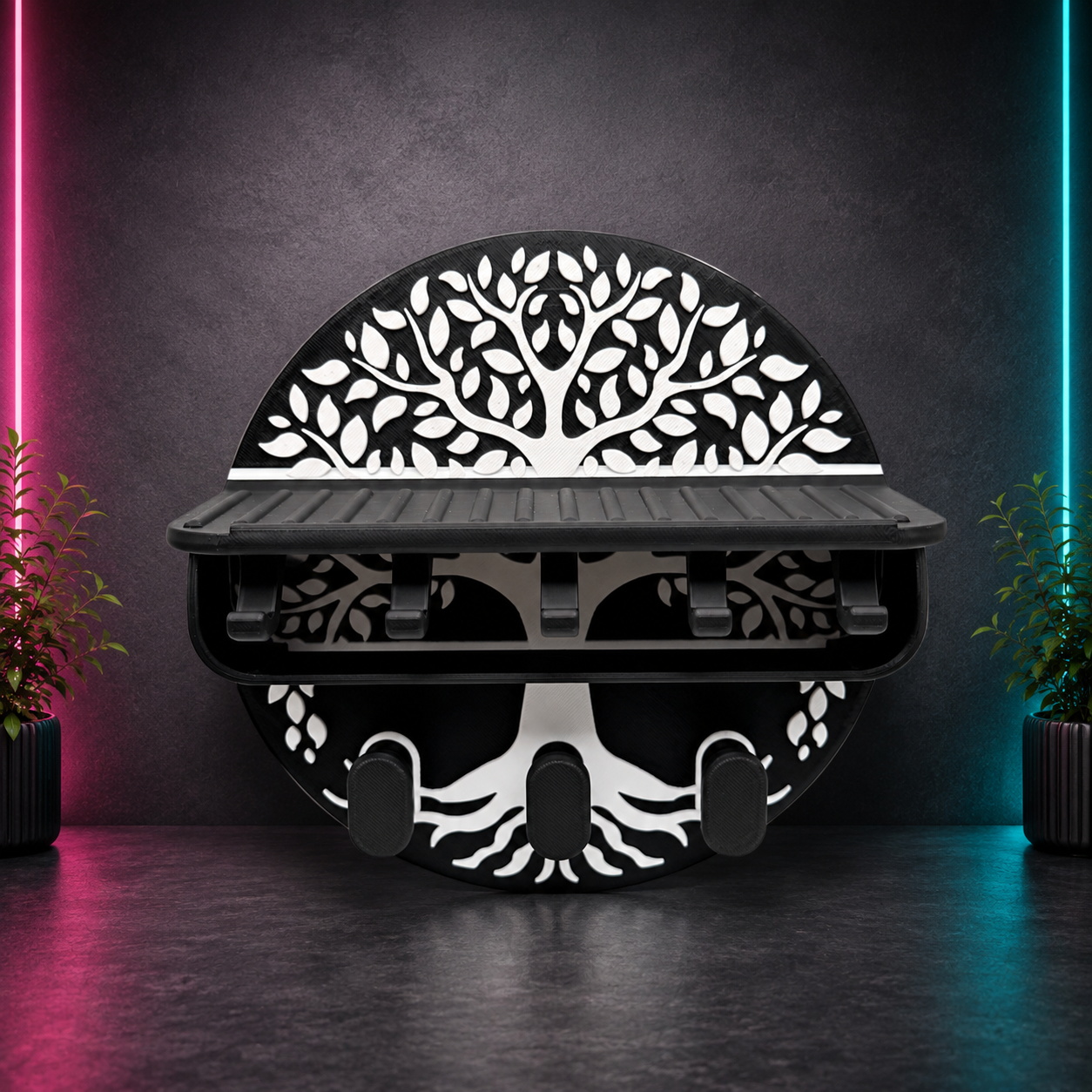 Black and white Tree of Life wall organizer shelf with key hooks and upper storage shelf for entryway organization and home decor.
