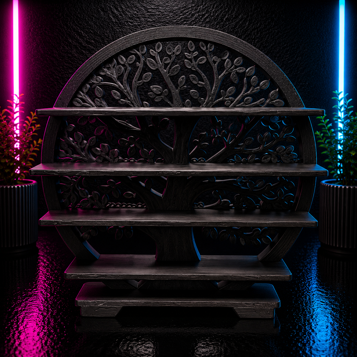 Black Tree of Life display shelf with multiple tiers for organizing crystals, collectibles, essential oils, jewelry, and small decorative items.