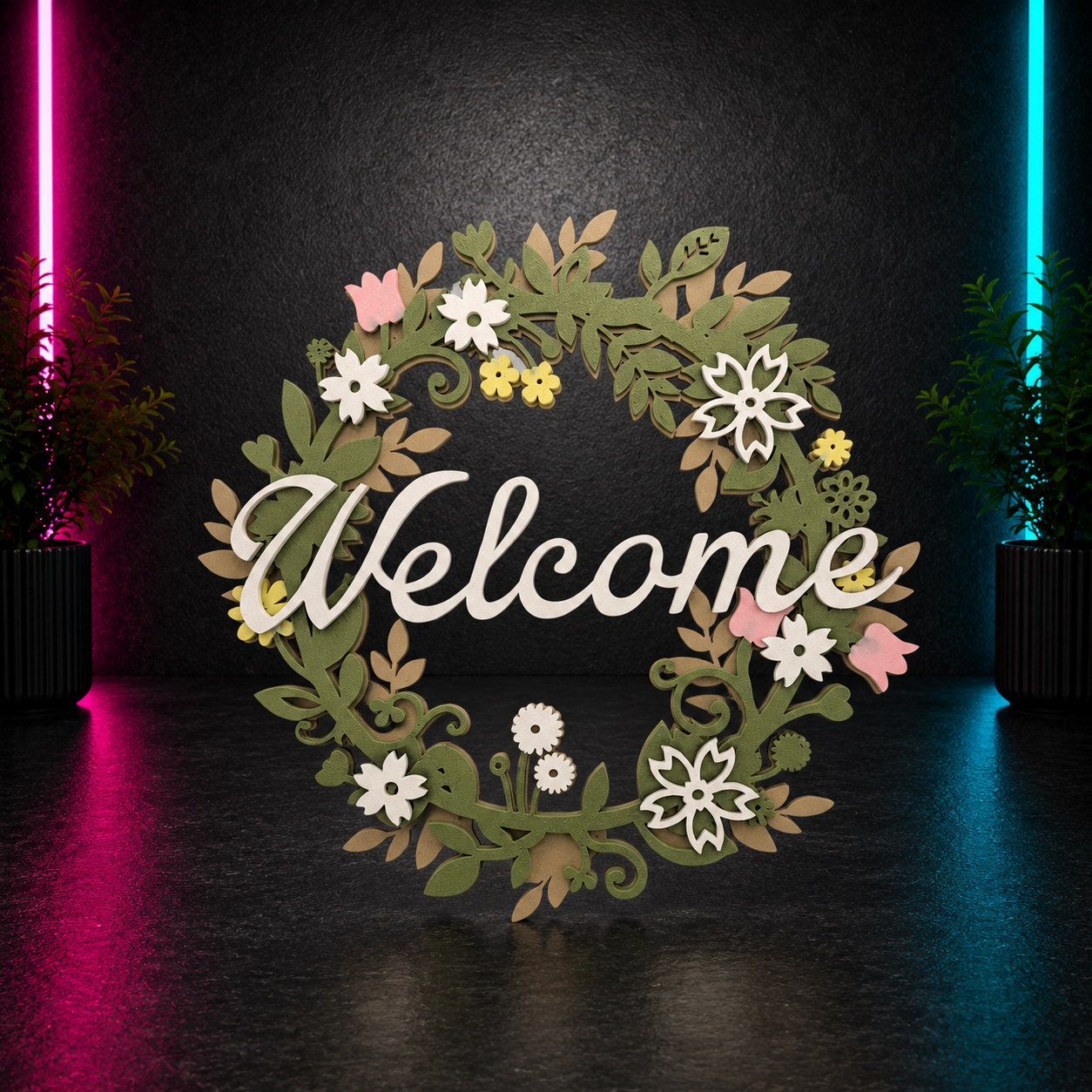 10 inch welcome floral wreath sign with layered greenery and flowers, front view