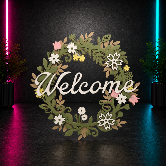 10 inch welcome floral wreath sign with layered greenery and flowers, front view