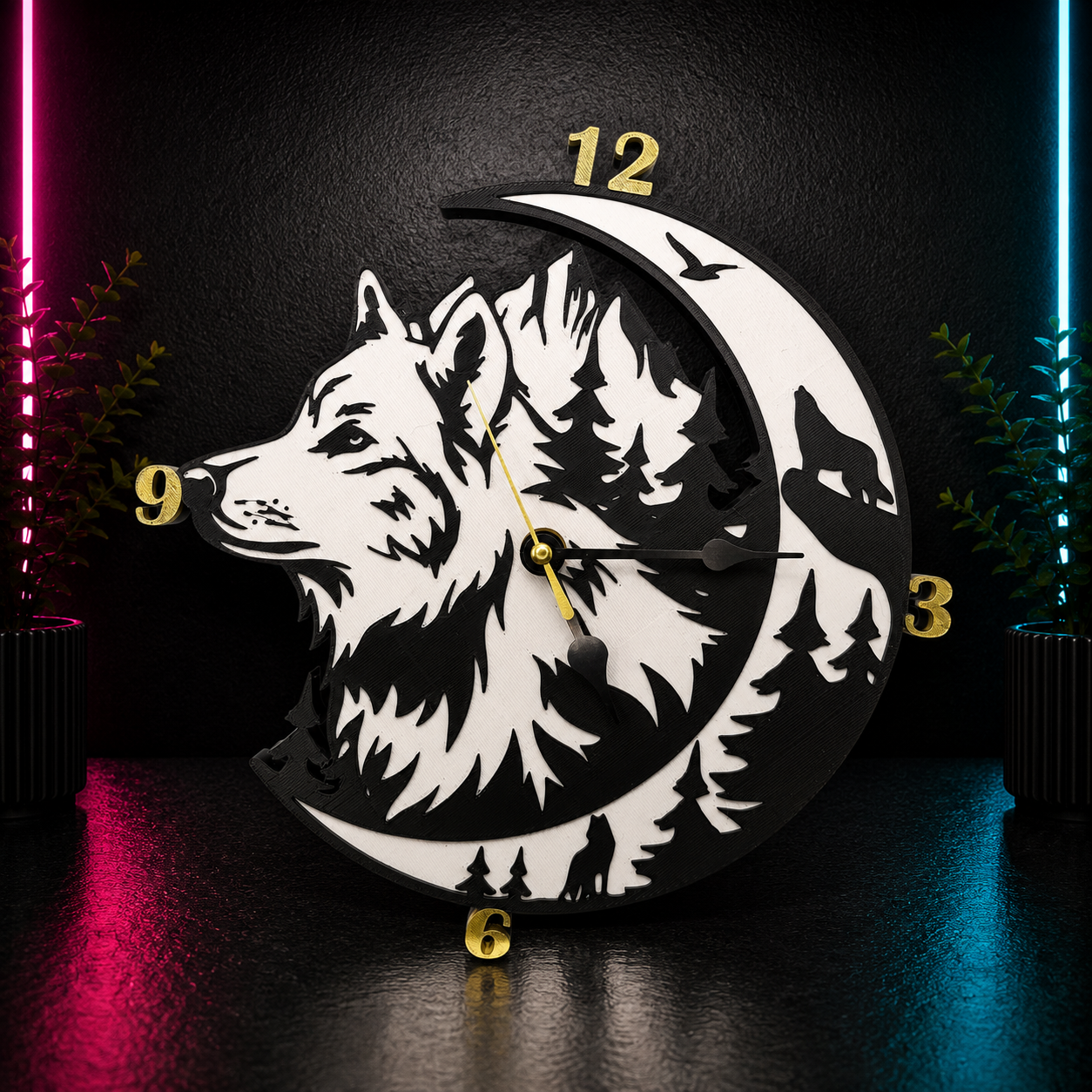 Layered black and white wolf moon wall clock featuring a forest scene and crescent moon displayed against a dark background.