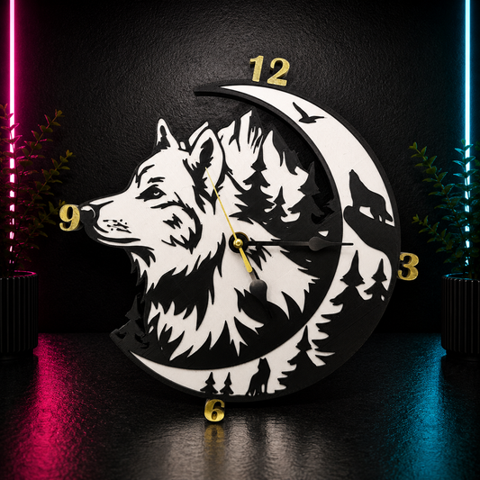 Layered black and white wolf moon wall clock featuring a forest scene and crescent moon displayed against a dark background.