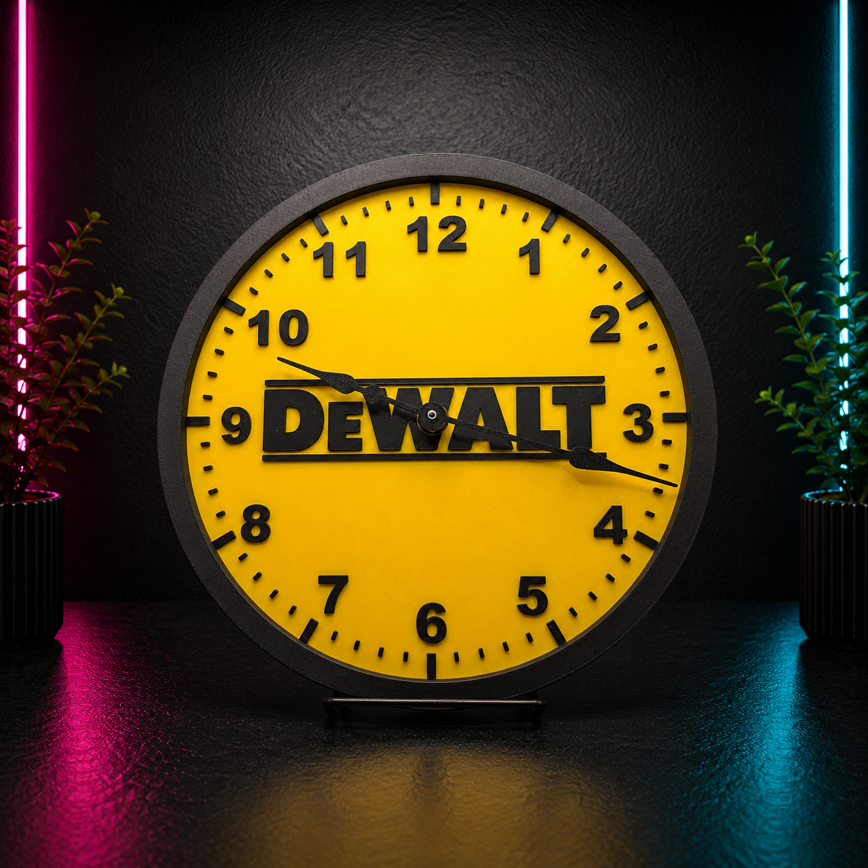 Yellow and black workshop-inspired wall clock with large easy-to-read numbers